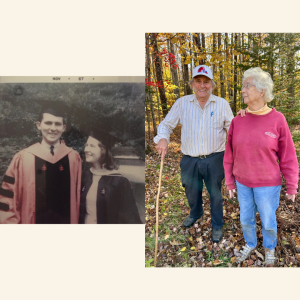 Two photos, one looks quite old, a snapshot. The one on the right was taken with an iPhone. On the left, two young white people wearing graduation gear. The man is on the left and the woman is on his right gazing up and him lovingly. On the right, two elderly white people standing in front of an autumnal forest. The man on the left has a wooden walking stick and his hand is on the shoulder of the woman on his right who is gazing at him lovingly.