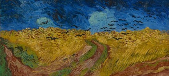 The image shows Vincent van Gogh's painting "Wheatfield with Crows." It shows a large, golden wheat field under a dark, blue sky. A dirt path winds through the field, and crows are flying in the sky. The brushstrokes are thick and colorful, giving the painting an intense, dramatic feel.