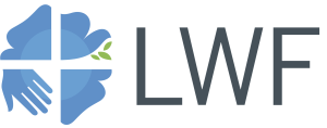 abstract graphic that is likely starting off as the Luther Rose with a hand and a dove with a branch, in watery blue colors. Then, the letters LWF