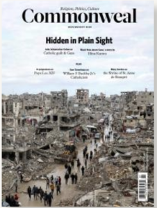Cover of Commonweal magazine, a long photo of the destruction in Gaza, bombed out buildings, devastation