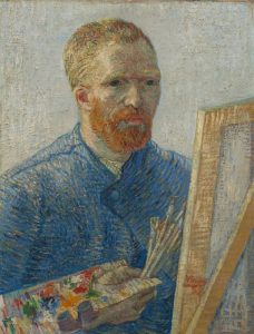 Self-portrait of Vincent van Gogh wearing a blue coat, holding a palette and paintbrushes, painting at an easel, rendered in his distinctive textured brushstroke style.