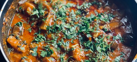 Pot of colorful stew as seen from above